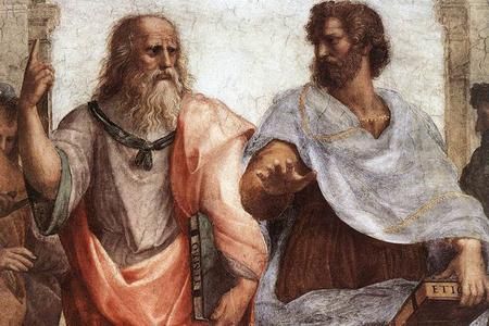 <p>Détail de la fresque symbolique L'École d'Athènes, réalisée entre 1510 et 1511 par le peintre italien Raphaël, montrant deux figures majeures de la pensée antique, Platon et Aristote.</p>