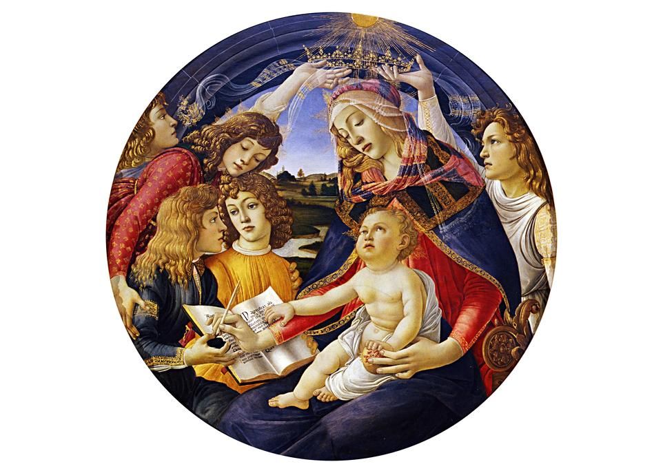 <p>La Madone à l'enfant avec cinq anges, également appelée Madone du Magnificat. L'œuvre de Sandro Botticelli, réalisée entre 1480 et 1481, se trouve à la Galerie des Offices, à Florence.</p>
