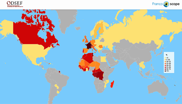 La carte mondiale des francophones est l’un des quatre modules constituant le Francoscope. Elle montre, du rouge foncé jusqu'au jaune le plus pâle, le poids de l’effectif francophone dans un pays donné.