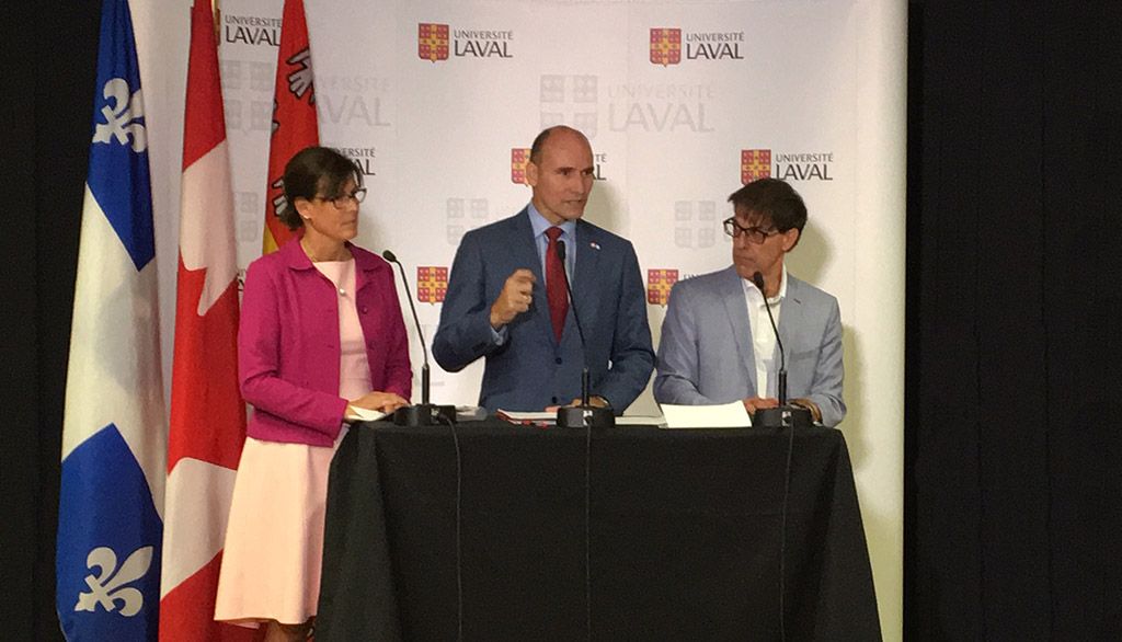 <p>Lors d’une conférence de presse tenue à l’Université Laval, la rectrice de l’Université Laval Sophie D’Amours, le ministre de la Famille, des Enfants et du Développement social, Jean-Yves Duclos, et le codirecteur de l’Institut sur le vieillissement et la participation des aînés, André Tourigny, ont annoncé une contribution financière de 4M$ du programme Nouveaux Horizons pour les aînés d’Emploi et Développement social Canada au projet L’inclusion sociale des aînés: un enjeu collectif.</p>