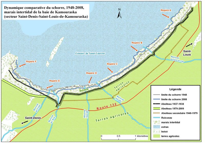 Cette carte comparative de la période 1948 à 2008 montre les endroits où il y a un accroissement constant du marais de l'ordre de près de trois mètres en moyenne par année aux sites de repères A et B, ainsi qu'une érosion active depuis 1948, en particulier autour des sites de repères D et E.