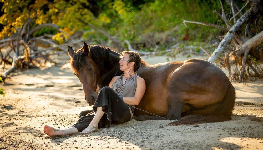 <p>Projet de recherche doctorale de Benoît Payette: Valérie Laplume, équicoach, se détend au contact de Sierra, une femelle mixte quarter horse canadien. Un cheval couché est vulnérable face aux prédateurs. Les équicoachs appellent cette position «faire un don de vulnérabilité».</p>