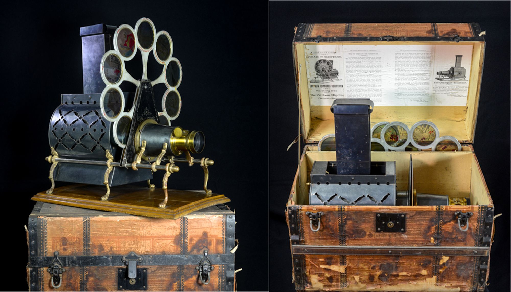 <p>Au sujet du Challenge Sciopticon de Pettibone, une lanterne magique construite à la fin 19<sup>e</sup> siècle, Jean-Pierre Sirois-Trahan écrit: «Cette lanterne spectaculaire est en quelque sorte la vedette de la collection Lemai. Elle vient avec sa boîte d'origine aux allures de coffre aux trésors. Avec ses dimensions importantes, son design ouvragé et son passe-vues en forme de roue à rayons (d'où son surnom de “peacock”, c'est-à-dire “paon”), elle attire immédiatement les regards.»</p>