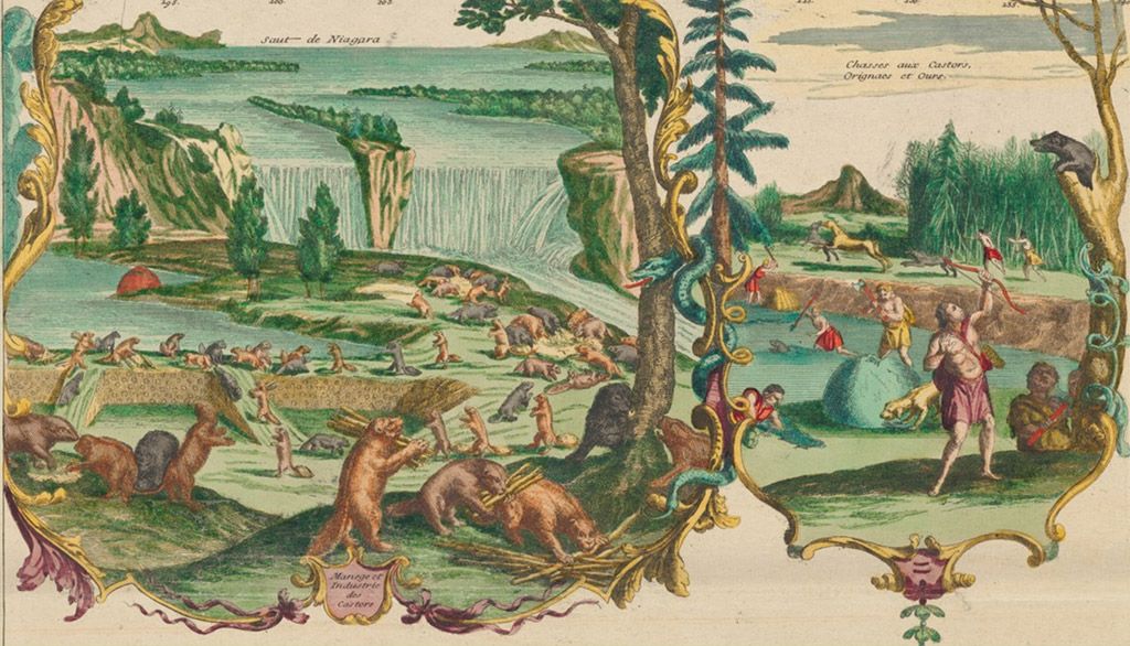 L'Illustration d'une colonie de castors construisant un barrage devant les chutes du Niagara, tirée de la carte de Nicolas De Fer de 1698 (ici une reproduction de 1715), montre l’importance accordée à cet animal en France.