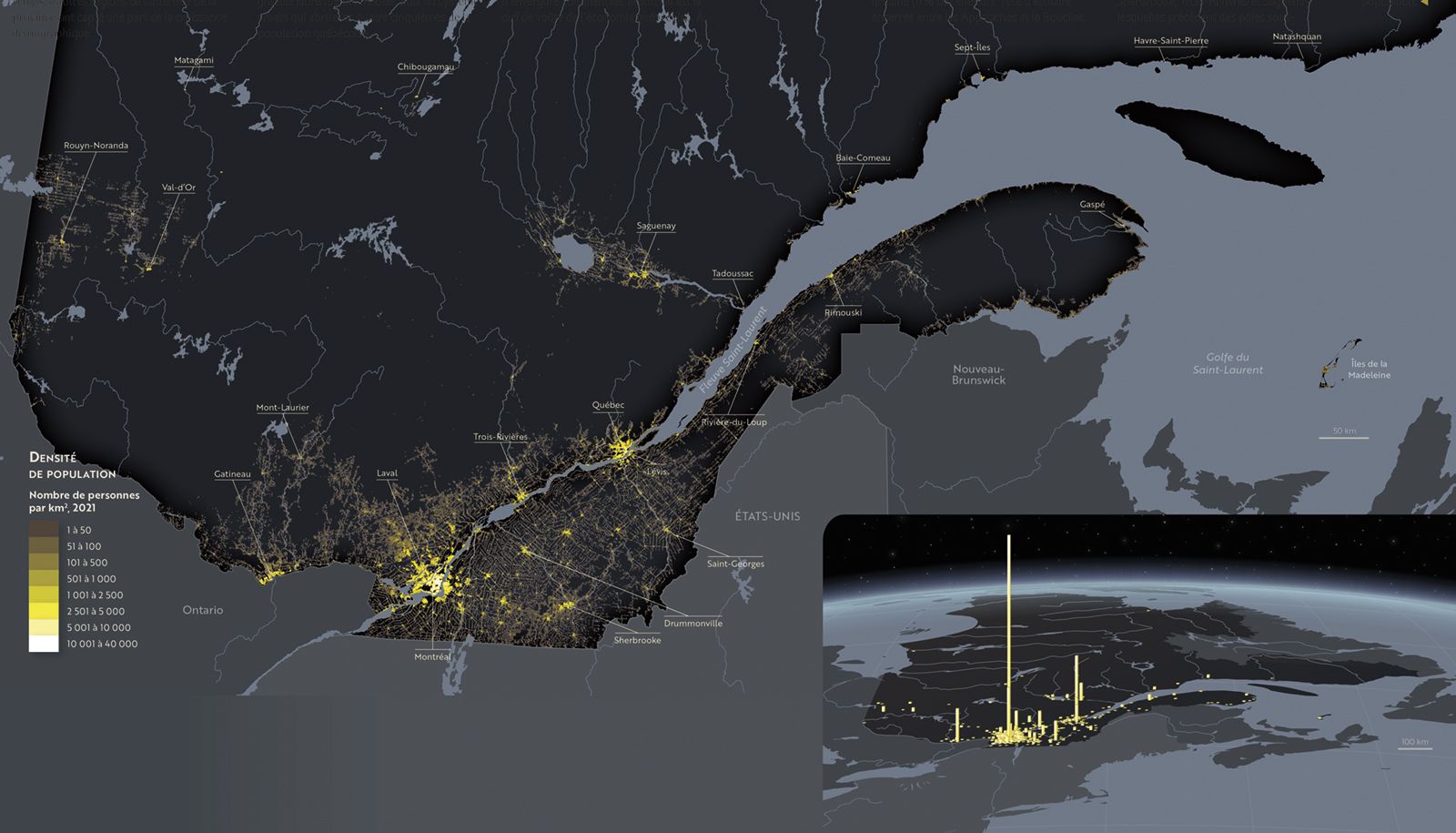 Cartographie de la densité de population réalisée par l'équipe de l'Atlas du Québec