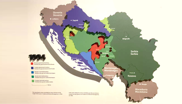 <p>Cette carte représente les zones contrôlées par diverses factions au plus fort des guerres en Croatie et en Bosnie-Herzégovine, en 1994.</p>