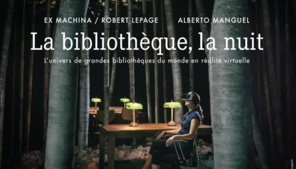 <p>L'exposition <i>La bibliothèque, la nuit</i> créée par Robert Lepage en 2015 est inspirée du livre d'Alberto Manguel. L'insertion de la réalité virtuelle permet au visiteur d'admirer de belles bibliothèques sans quitter sa chaise.</p>