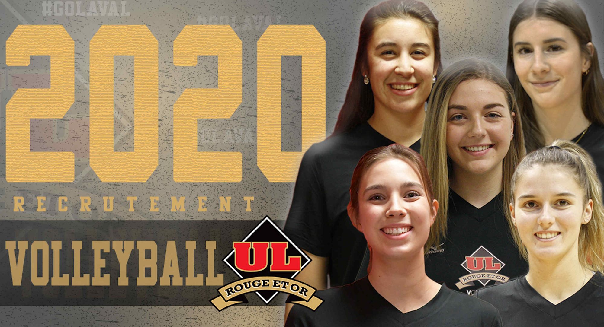 Justine Raymond, Marie-Noëlle Tremblay, Jade Marquis, Roxane St-Amand et Charlotte Chouinard-Laliberté, de l’équipe féminine de volleyball Rouge et Or.