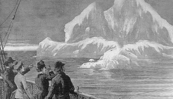 Rencontre d’un iceberg dans l’Atlantique. Illustration (gravure) tirée du périodique Le Monde illustré, vol. 4, numéro 167 (16 juillet 1887), p. 84.