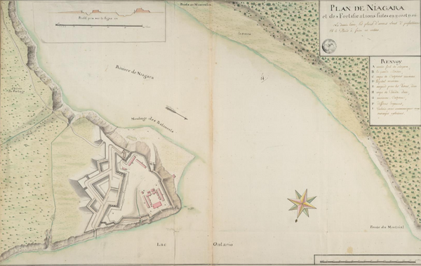 Plan de Niagara et des Fortifications faites en 1755 et 1756, 1756, Archives Nationales d’Outre-Mer, FR ANOM F3/290/64. En Nouvelle-France, seuls quelques forts, comme le fort Niagara, considérablement fortifié au cours du conflit entre 1755 et 1759, s’approchaient des standards européens de fortification en matière de qualité.