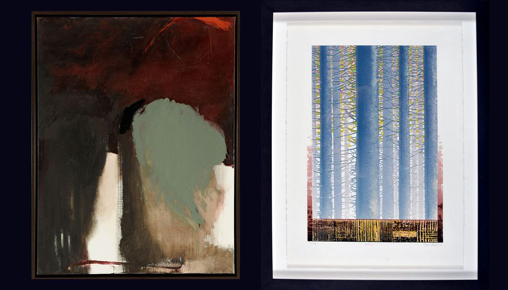 À gauche, Passage, une peinture de Paule Verville, et à droite, Bois, une estampe de Louis Rémillard