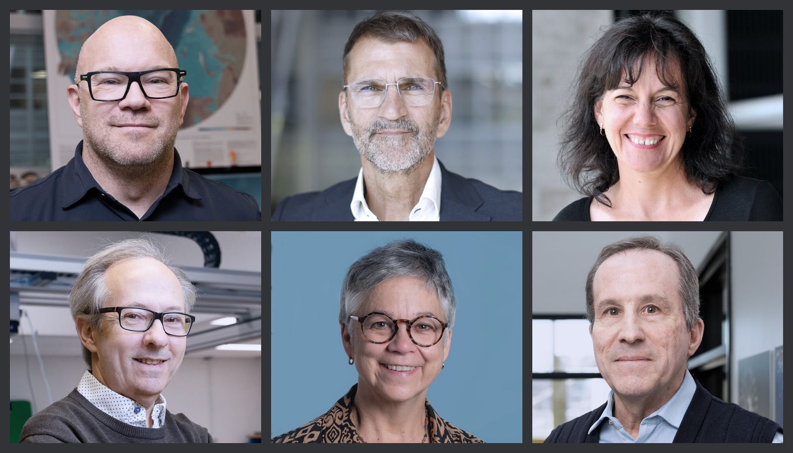 Les membres du corps professoral de l'Université Laval lauréats des prix de l'Acfas 2024: (de gauche à droite, rangée du haut) Philippe Archambault, Marcel Babin, Caroline Duchaine, (rangée du bas) Clément Gosselin, Francine Saillant et Réal Vallée