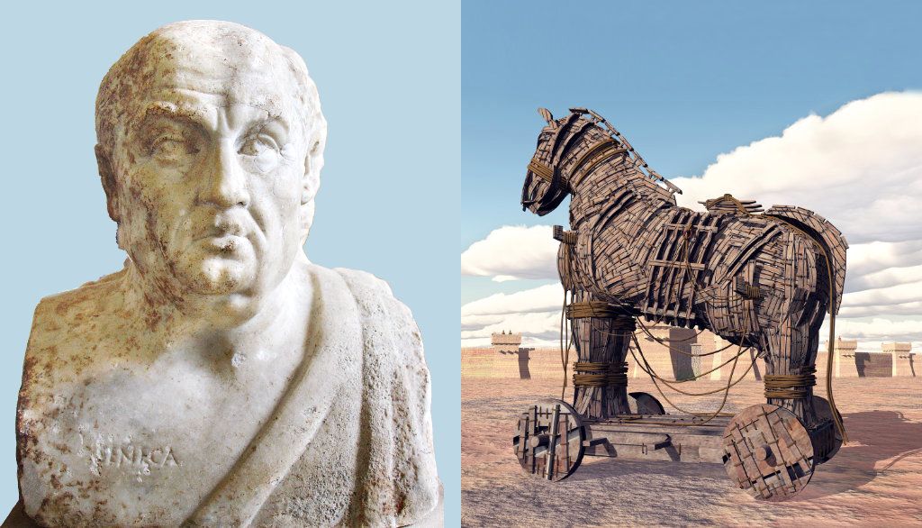 Buste de Sénèque (à gauche). Cet homme d’État romain a vécu au début de l’ère chrétienne. Philosophe, il était rattaché à l’école stoïcienne. Il a écrit quelques traités philosophiques, dont De la brièveté de la vie. Représentation artistique du cheval de Troie (à droite), un moment clé du grand récit d’Homère, L’Iliade. Après neuf années de siège, les Grecs construisent un grand cheval de bois de plusieurs mètres de haut qu’ils laissent devant la citadelle, en guise d’offrande aux Troyens, avant de reprendre la mer. Or, des guerriers sont cachés dans ses flancs. Une fois le cheval tiré à l’intérieur, les guerriers grecs, la nuit venue, en sortent, ce qui conduit à la prise de la ville.