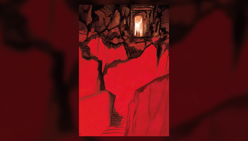 La première image introductive
de l’exposition montre Dante et Virgile à l’entrée de l’enfer. Les deux
personnages apparaissent tout en haut de l’illustration, petites et frêles
silhouettes s’apprêtant à entreprendre leur périple en descendant un escalier
taillé dans un amas chaotique de grosses roches.