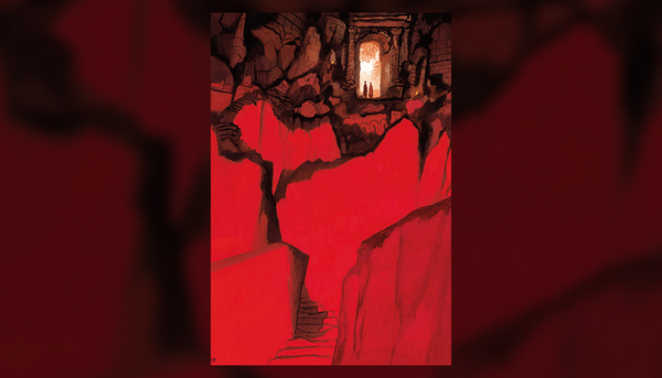 <p>La première image introductive
de l’exposition montre Dante et Virgile à l’entrée de l’enfer. Les deux
personnages apparaissent tout en haut de l’illustration, petites et frêles
silhouettes s’apprêtant à entreprendre leur périple en descendant un escalier
taillé dans un amas chaotique de grosses roches.</p>