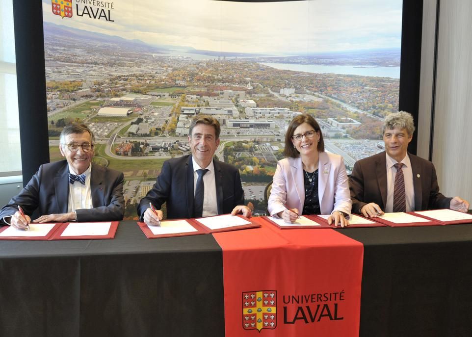 <p>Les quatre cosignataires de l'accord de partenariat dans le domaine de l'intelligence artificielle. De gauche à droite: le vice-président de la Communauté d'agglomération Sophia-Antipolis, Jean-Pierre Mascarelli, le président du Département des Alpes-Maritimes, Charles-Ange Ginesy, la rectrice Sophie D'Amours et le président d'Université Côte d'Azur, Jean-Marc Gambaudo. </p>