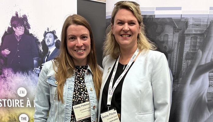 <p>Le 29 mai, jour de la finale du concours <i>J’ai une histoire à raconter</i> à Toronto, Daisy Pelletier est photographiée en compagnie de la doyenne Annie Pilote, de la Faculté des études supérieures et postdoctorales de l’Université Laval.</p>