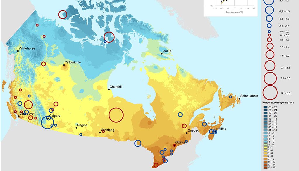 <p>Le comité d’évaluation a décerné le premier prix à Sarah-Ève Bouffard et Maude Larivière pour leur projet Température moyenne au mois d’octobre 2019 au Canada. Les températures sont recensées à l’échelle du pays. La carte est faite à partir de données du site Web météo d’Environnement Canada. Ces données proviennent de partout à partir d’un millier de stations climatologiques.</p>