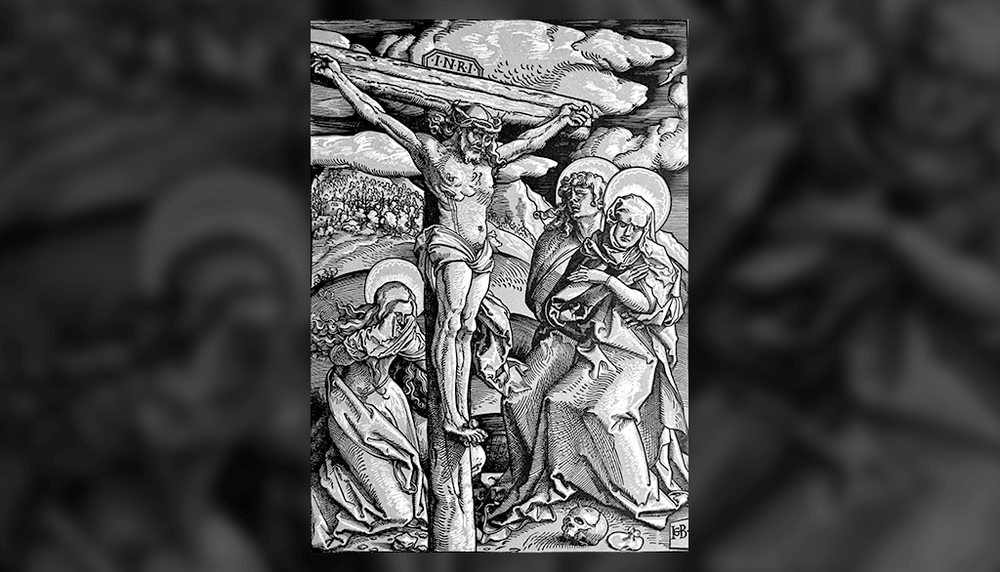 <p>La Crucifixion, gravure sur bois de Hans Baldung Grien, 1514. Au pied de la croix: Marie de Magdala, à gauche, Marie, à droite, soutenue par l’apôtre Jean.</p>