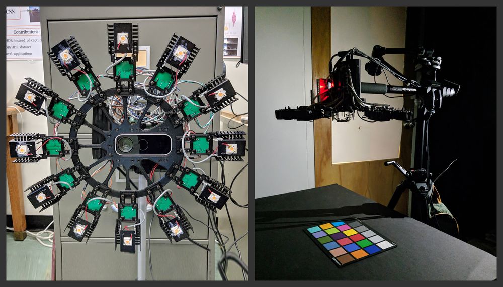 Appareil de capture des propriétés de réflectivité des surfaces, vu sous deux angles différents. Sur la photo de gauche, on voit, au centre, le capteur de couleur et de profondeur (Azure Kinect) et, autour, des sources lumineuses synchronisées avec la caméra.