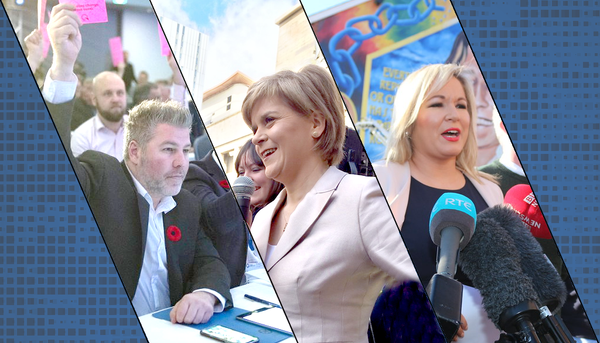 <p>Pascal Bérubé, député et chef intérimaire du Parti québécois, Nicola Sturgeon, cheffe du Scottish National Party et première ministre d’Écosse, et Michelle O’Neill, cheffe du Sinn Féin d’Irlande du Nord et vice-première ministre de l’Assemblée nord-irlandaise. Dans le mémoire de maîtrise de Katryne Villeneuve-Siconnelly, ces partis politiques sont étiquetés, dans l’ordre, d’instable, de réaliste et de radical.</p>