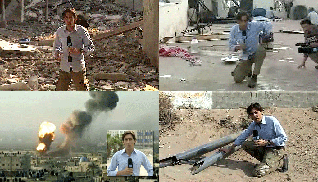 Le grand reporter Matthieu Mabin a couvert des zones de guerre pour France 24. Dans ce montage de captures d’écran, on le voit au cœur de l’action en Libye en 2011 (images du haut), ainsi qu’à Gaza en 2012 (images du bas). Dans la deuxième image, il est accroupi pour se protéger d’un échange de coups de feu qui a lieu à proximité entre les derniers fidèles de Mouammar Kadhafi et des rebelles, peu avant la chute finale de Tripoli aux mains des insurgés. Dans la quatrième image, après une frappe nocturne de l’armée israélienne, Matthieu Mabin décrit un dispositif artisanal du Hamas, conçu à partir de simples tuyaux de canalisation et servant de lance-roquettes visant le territoire israélien.
