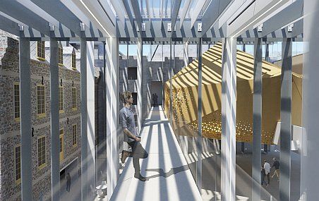 <p>Le projet de Marjolaine Morin et Mélissa Rhéaume est tout en finesse. Il s'appuie sur des lamelles de verre givré créant des rideaux translucides structurants. Dans les hauteurs de la cour intérieure, un volume en bois sert d'espace d'exposition.</p>
