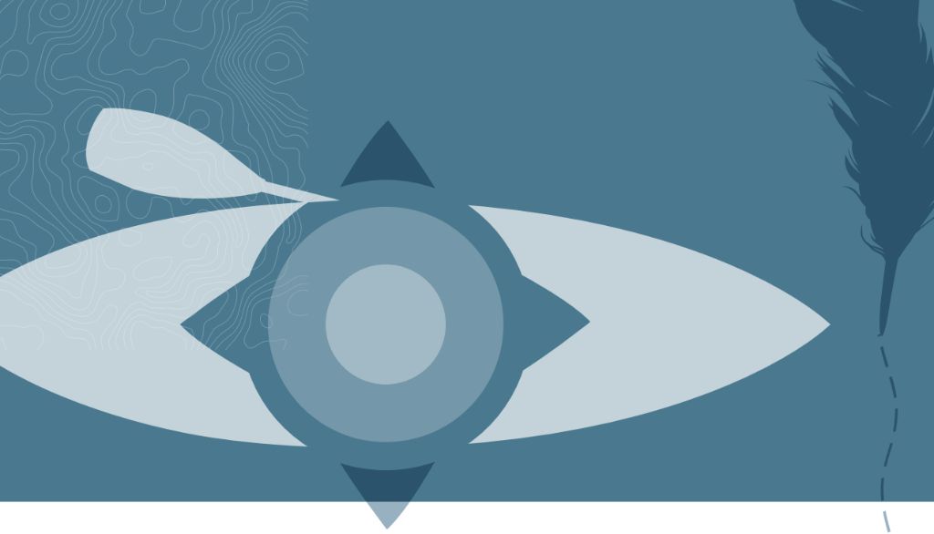 En couverture du guide réflexif, cette illustration de Marie-Philippe Gros-Louis combine le canot et la rose des vents, qui suggèrent ensemble la forme d’un œil. L’œil rappelle l’importance de demeurer ouvert, vigilant et curieux sur la route de l’inclusion des perspectives, des savoirs et des réalités des premiers peuples dans la formation à l’enseignement.