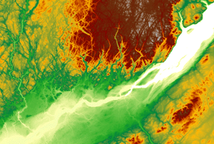 PostGIS est utilisé pour stocker, manipuler et analyser les images satellites et les données matricielles, comme ce fichier d'élévations de la région de Québec, dans une base de données relationnelle.