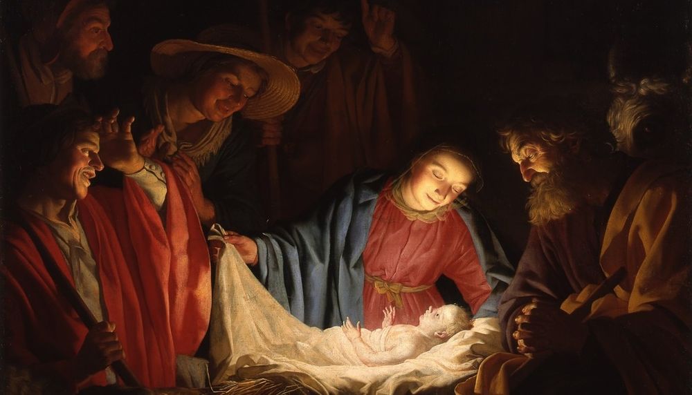 <p>L’Adoration des bergers, Gerrit van Honthorst, 1622. L’évangile de Luc raconte que Marie et Joseph vivent à Nazareth et se rendent à Bethléem pour le recensement impérial. Comme il n’y a pas de place dans les maisons de cette ville pour les héberger, et comme Marie est sur le point d’accoucher, elle donne naissance dans une étable. Puis ils retournent à Nazareth.</p>