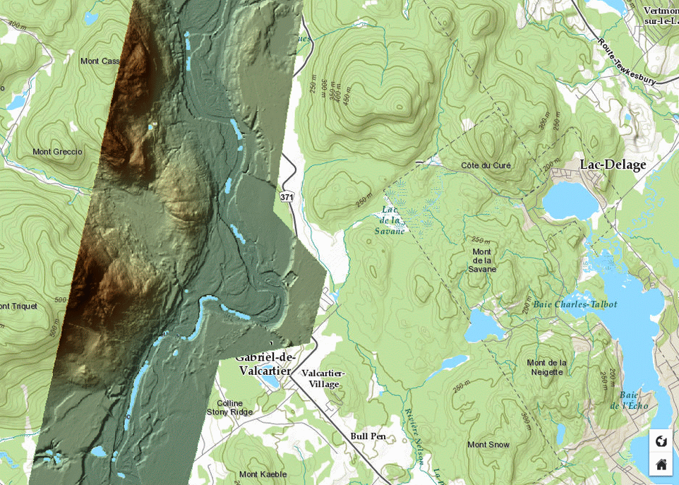 <p>Visualisation des données topographiques de nouvelle génération Lidar de la rivière Jacques-Cartier, à la hauteur de Saint-Gabriel-de-Valcartier, à l'ouest de Québec. Ces données très précises sont issues de l'entente BCI-MERN. Elles sont accessibles par une infrastructure unique à l'ensemble des universités québécoises. </p>
