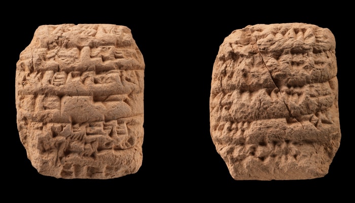 <p>La transcription de cette tablette de 4,1 cm de hauteur, de 3,4 cm de largeur et de 1,5 cm de profondeur se lit comme suit: x+382 moutons, 3256 béliers, 2546 agneaux, 27 chèvres/boucs, (au total) 9600+x moutons et chèvres... dans Kinunir; Amar-Suen 4<sup>e</sup> année, 4<sup>e</sup> mois</p>