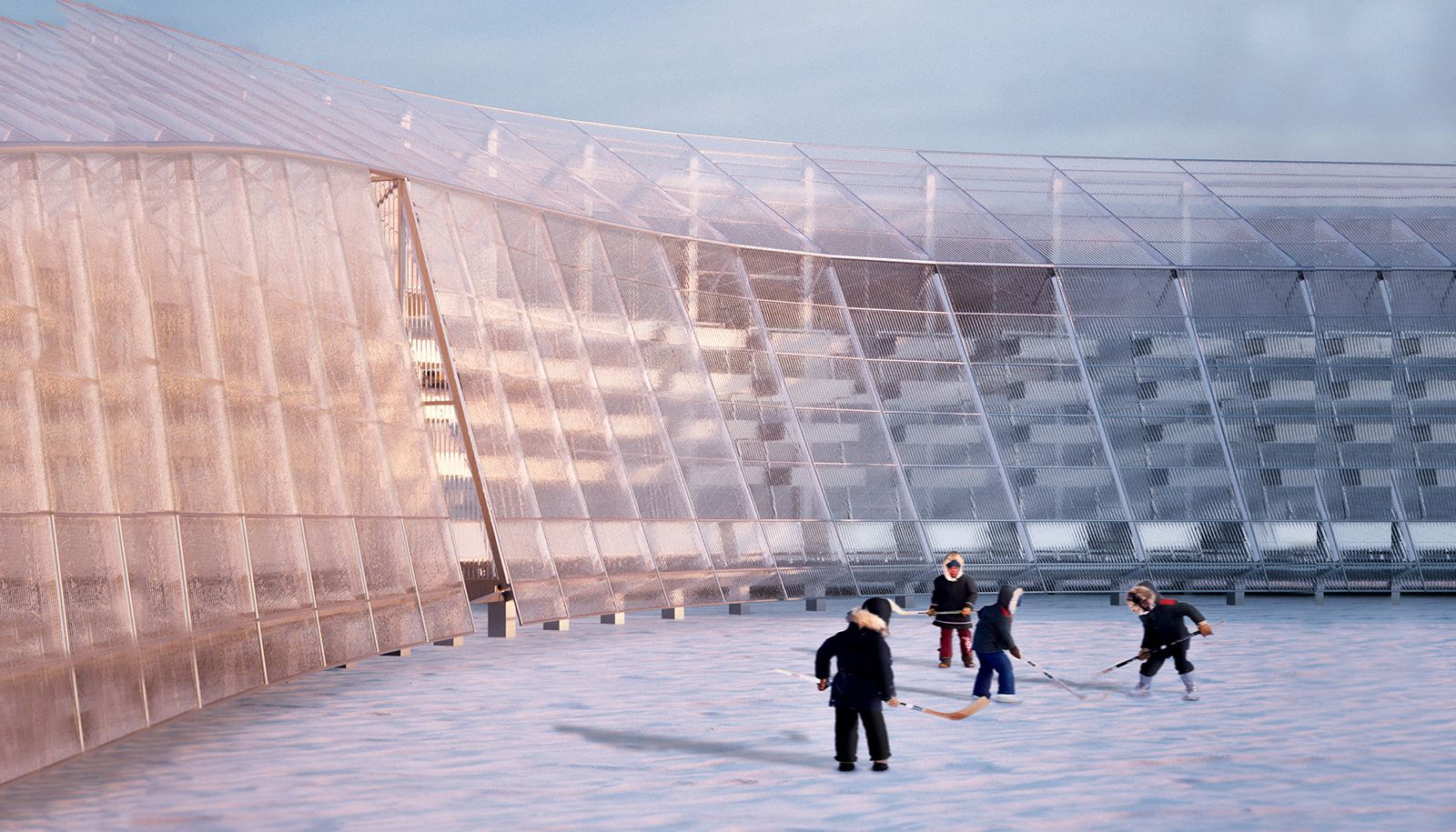 <p>Au niveau du sol, la forme aérodynamique du bâtiment crée un espace extérieur microclimatique pour la pratique du hockey.</p>