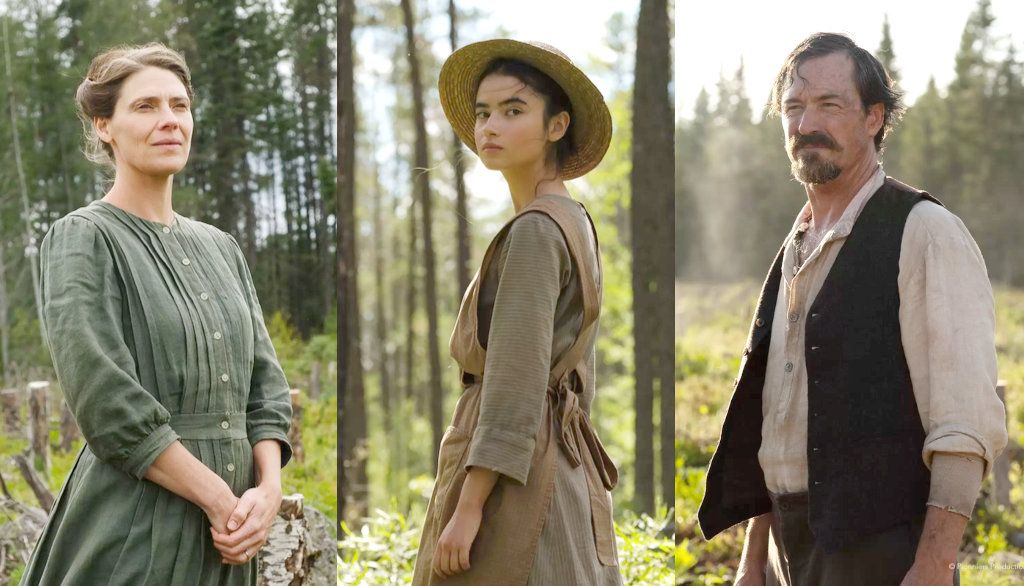 <p>Montage de photos promotionnelles du film Maria Chapdelaine réalisé par le cinéaste Sébastien Pilote et sorti en 2021. L’héroïne, au centre, est interprétée par Sara Montpetit. Hélène Florent incarne la mère de Maria et Sébastien Ricard joue le rôle du père.</p>