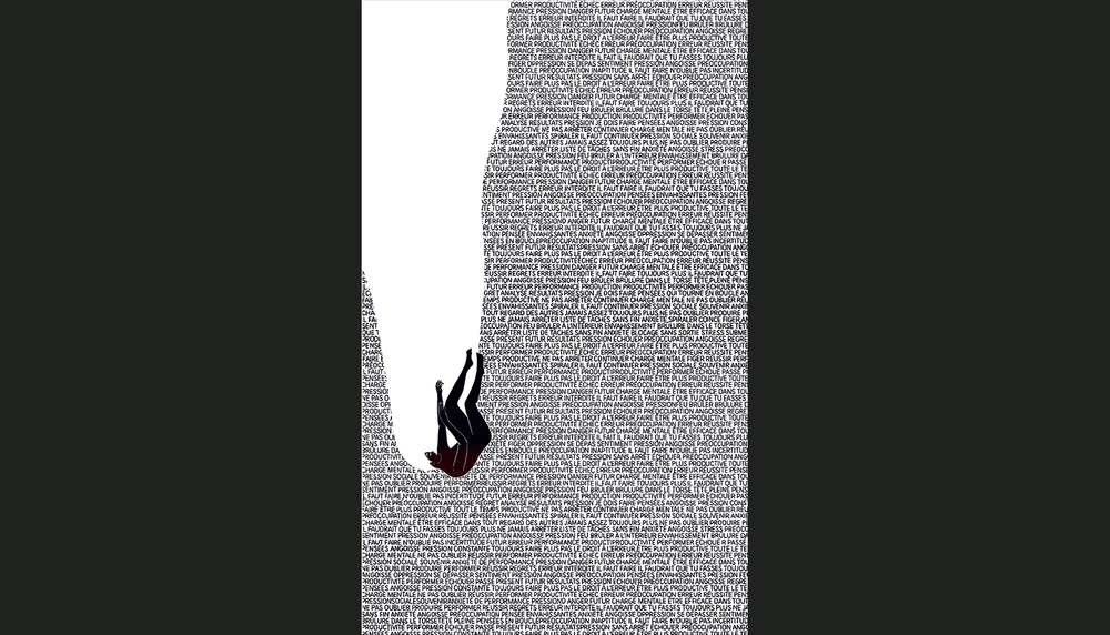 Cette affiche d'Andrée-Anne Binette représente l'impression de chute ressentie par une personne qui vit de l'anxiété. La typographie peut rappeler les listes sans fin de tâches à effectuer ou encore créer un lien avec les pensées envahissantes qui occupent alors tout l’espace dans l’esprit. 