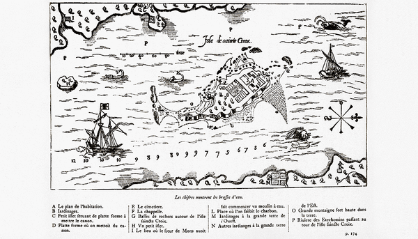 <p>Dessin de Samuel de Champlain représentant l’île Sainte-Croix, 1613</p>