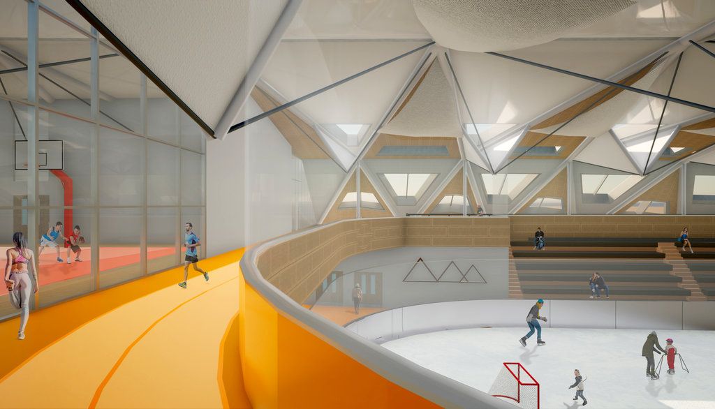 <p>Vue intérieure du projet Tupikhaq. Le bâtiment comprend trois grands secteurs consacrés respectivement à la pratique du sport, notamment la natation, aux rencontres socioculturelles, notamment entre jeunes et aînés, et à une cuisine collective dotée de serres. Les ouvertures vers l’extérieur sont petites, ce qui minimise les pertes de chaleur.</p>