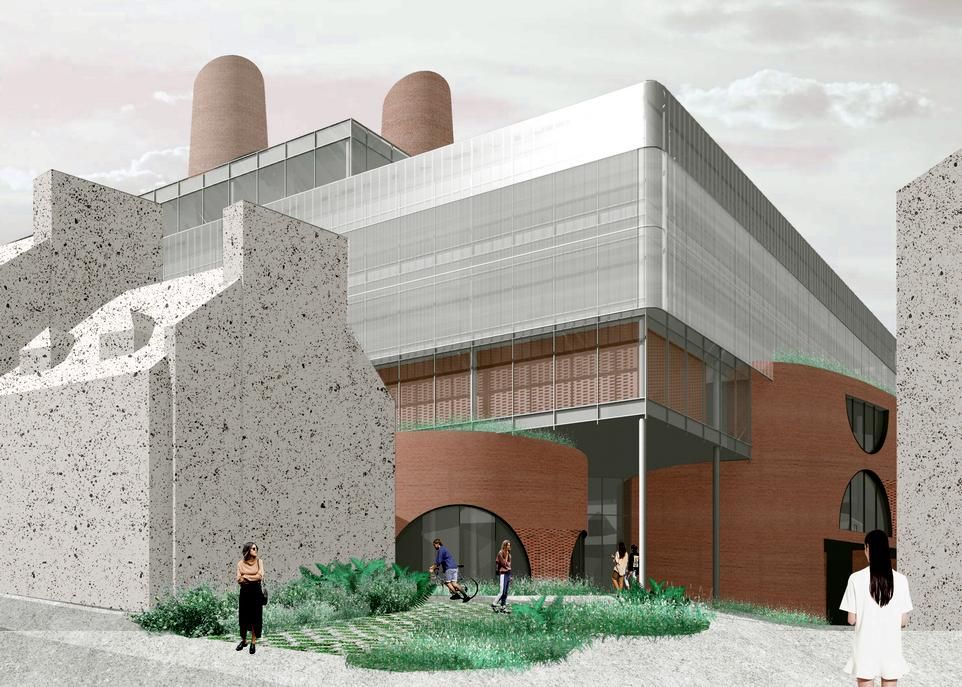 Le bâtiment imaginé par Maude Beaupré et Jérémie Parent rappelle le passé industriel du site avec des volumétries coniques et cylindriques et l'utilisation de la brique.