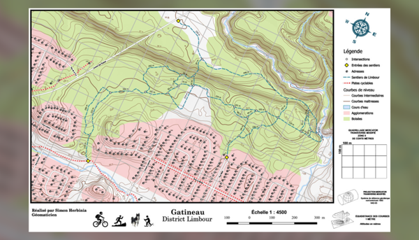 <p>Simon Herbinia a obtenu le deuxième prix pour son projet Sentiers de Limbour - hiver 2020. Il s’est inspiré du terrain derrière son quartier résidentiel, à Gatineau. Ce terrain est utilisé par les citoyens comme parc naturel pour y promener leur chien, faire de la raquette ou du vélo à pneus surdimensionnés (fat bike) en hiver.</p>