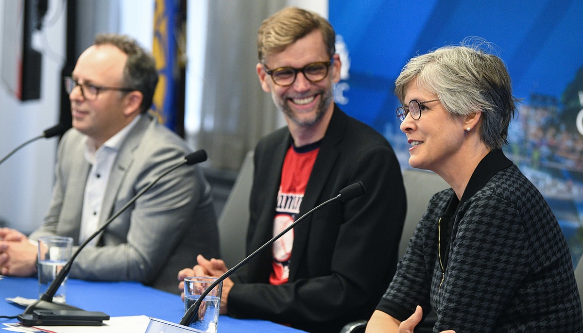 La conférence de presse du 13 septembre à l’Hôtel de ville de Québec réunissait la rectrice Sophie D’Amours, le maire Bruno Marchand et le président et chef de la direction de Beneva, Jean-François Chalifoux.