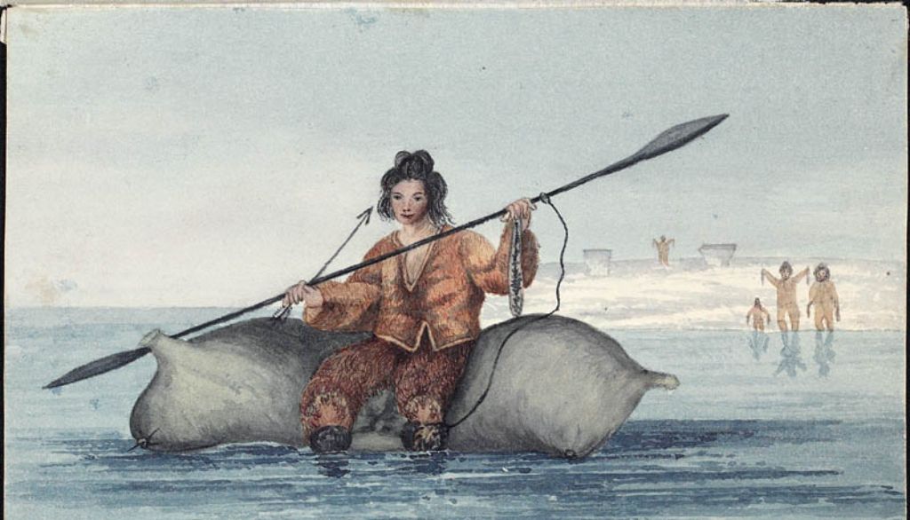 <p>Illustration d'un chasseur sadlermiut se déplaçant sur des peaux de morse gonflées. La pagaie est fabriquée à partir d'os de baleine. Ce groupe inuit est disparu en 1903, présumément en raison d'une maladie infectieuse introduite par des marins britanniques.</p>