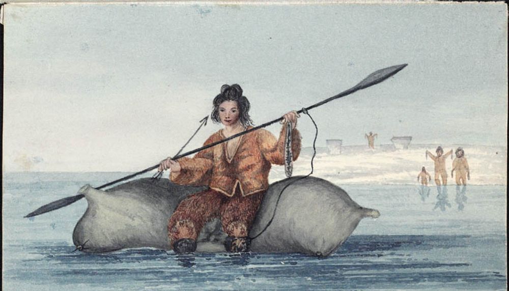 Illustration d'un chasseur sadlermiut se déplaçant sur des peaux de morse gonflées. La pagaie est fabriquée à partir d'os de baleine. Ce groupe inuit est disparu en 1903, présumément en raison d'une maladie infectieuse introduite par des marins britanniques.