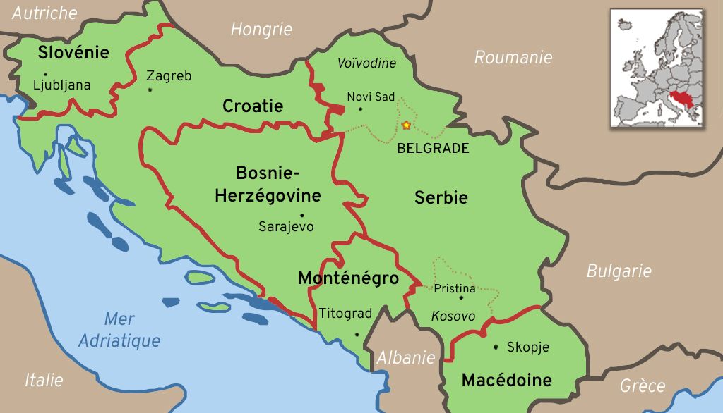<p>Carte de la République socialiste fédérative de Yougoslavie au 1er janvier 1991. Cette année-là, la Slovénie et la Croatie ont proclamé leur indépendance politique, après des mois de négociations, dans un contexte de vide politique amené par la fin de la guerre froide et la chute de l’Union des républiques socialistes soviétiques.</p>