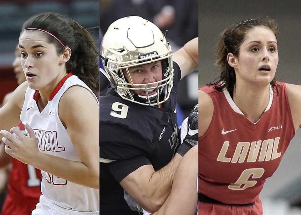 <p>Sarah-Jane Marois, Mathieu Betts et Khaléann Caron-Goudreau en action. La première a reçu le prix Nan Copp remis à la joueuse de basketball par excellence au Canada. Le deuxième a remporté pour une troisième année de suite le trophée J.-P.-Metras remis au joueur de ligne de l'année au football universitaire canadien. Enfin, la troisième a été élue joueuse défensive de l'année au pays. </p>
