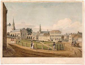 <p>Robert Sproule, View of the Place d'Armes, Quebec, 1831. Au début du 19e siècle, les nouvelles constructions, comme la cathédrale anglicane de style palladien à gauche de l'image, rappellent le statut de Québec comme ville britannique.</p>
