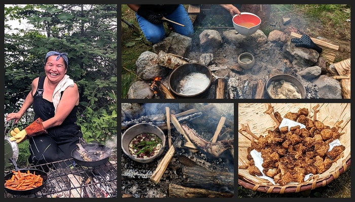 <p>Montage montrant différents moments de la cuisson expérimentale de recettes traditionnelles anishinabées, la plupart dans des reproductions de vases en céramique confectionnées en 2022. À gauche, la cheffe cuisinière Cezin Nottaway est en train de cuire une truite farcie accompagnée d’une poêlée de carottes. L’image du haut montre un estomac d’orignal (gros pot à droite), un museau d’orignal (gros pot à gauche) et du castor confit dans de la graisse d’ours (petit pot). Au bas à gauche: ragoût d’orignal assaisonné au cèdre. À côté, on aperçoit une mâchoire d’orignal cuite directement sur le feu avant d’en extraire la moëlle à la hache. Enfin, du popcorn d’ours provenant de la partie solide de la graisse d’ours frite.</p>