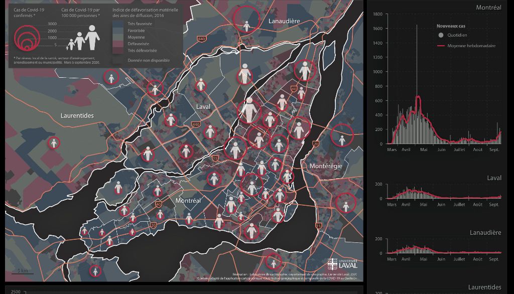 <p>Cette carte a été réalisée par Benoit Lalonde et Karine Tessier à partir du tableau de bord sur la COVID-19. Elle fait partie des 12 cartes récompensées lors du concours annuel de cartes, organisé par Esri Canada, la filiale canadienne de la multinationale des systèmes d'information géographique.</p>