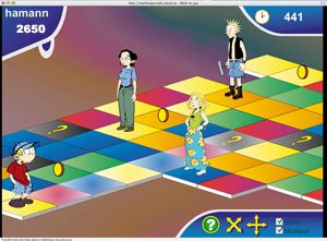Dans Math en jeu, chaque joueur se retrouve, par le biais de son personnage, sur un échiquier où il se déplace et accumule des points en répondant à des questions mathématiques.