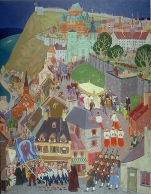 Jean Paul Lemieux, La Fête-Dieu à Québec, 1944. Huile sur toile. Coll. MNBAQ. Cette toile sera au centre des activités de la Nuit de la création organisée par les étudiants de la Faculté des lettres.