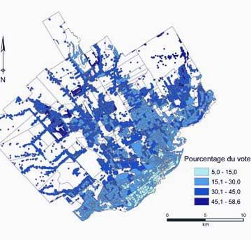 <p>Cette carte de répartition du vote adéquiste dans la ville de Québec pour l'élection provinciale de 2003 montre que ce vote s'est principalement concentré en dehors des quartiers les plus scolarisés de la ville, lesquels apparaissent dans la partie inférieure de la carte. Cela dit, ceux et celles qui ont voté ADQ en 2003 à Québec n'étaient pas les moins scolarisés, puisqu'ils détenaient, dans de nombreux cas, un diplôme d'études collégiales. Les électeurs de Québec sont majoritairement des femmes (52,5 %), 14 % travaillent dans l'administration publique, 52,2 % sont propriétaires d'une maison, 18 % détiennent un DEC et 20 % détiennent un diplôme universitaire.</p>